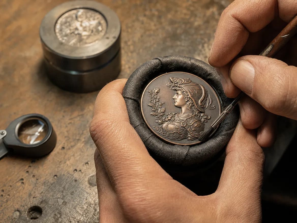 A medallion being patinated by hand at the bench