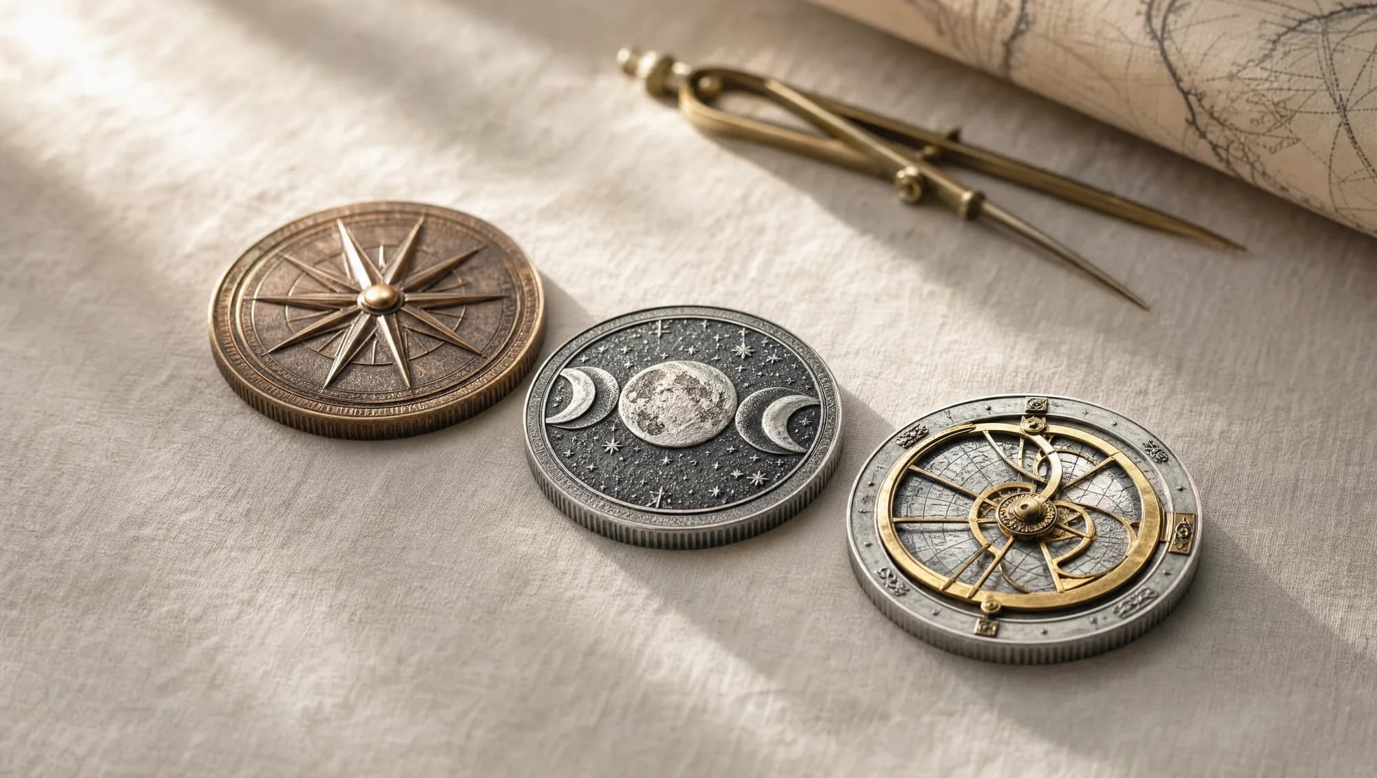 The three medallions of the Navigator Series on linen, beside a brass divider